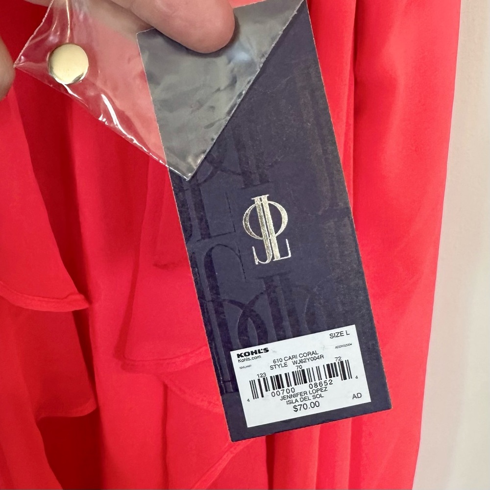 NWT Jennifer Lopez Coral Pink Ruffle Halter High Low Dress - Size: Large - Picture 4 of 10